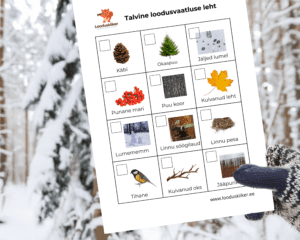 Talvise loodusvaatluse leht kindas käes. 